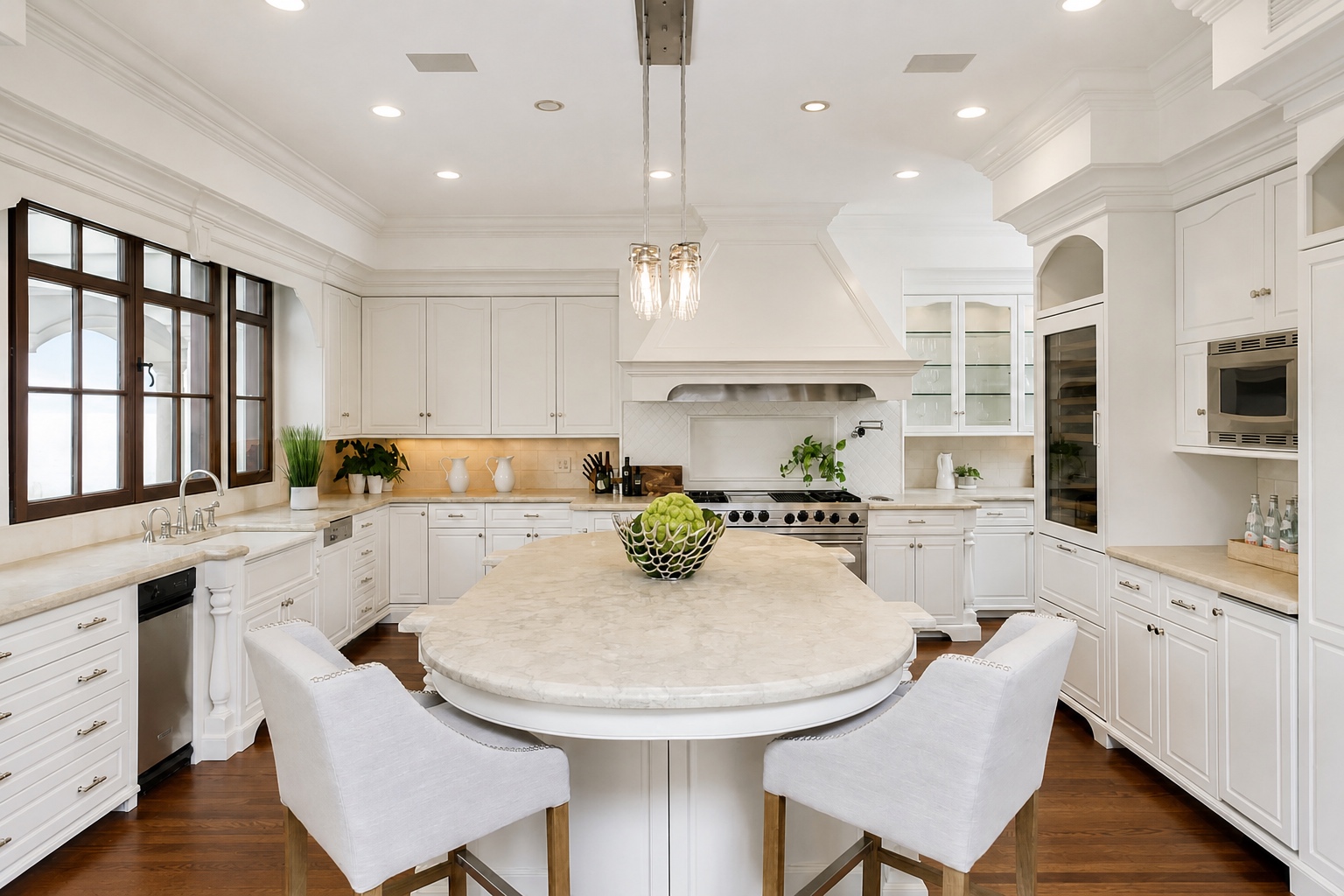 Refinished white kitchen cabinetry with a round island and custom hood surround by Genesis Pro Painting