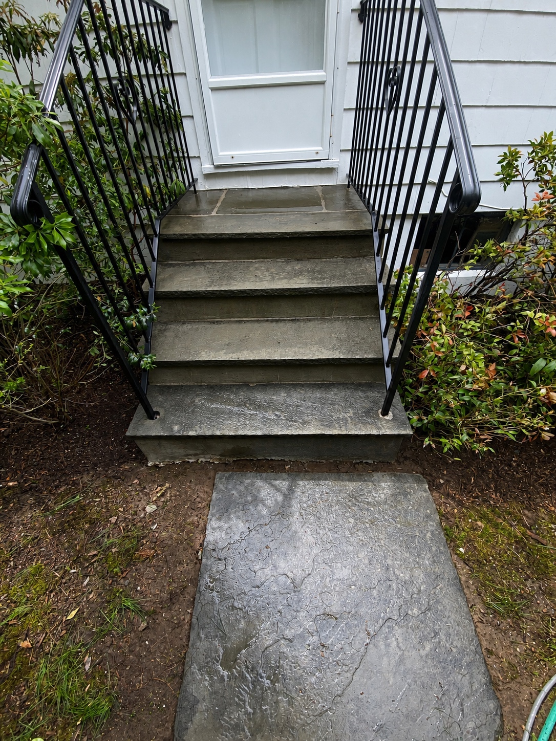 Pressure washed front steps and stone walkway with metal railings by Genesis Pro Painting