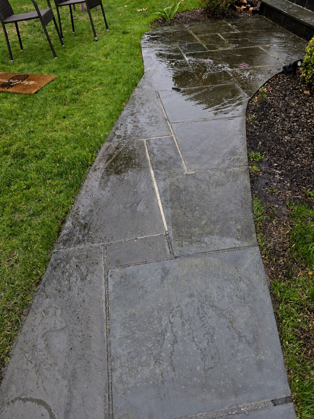 Cleaned stone walkway through a landscaped yard after pressure washing by Genesis Pro Painting