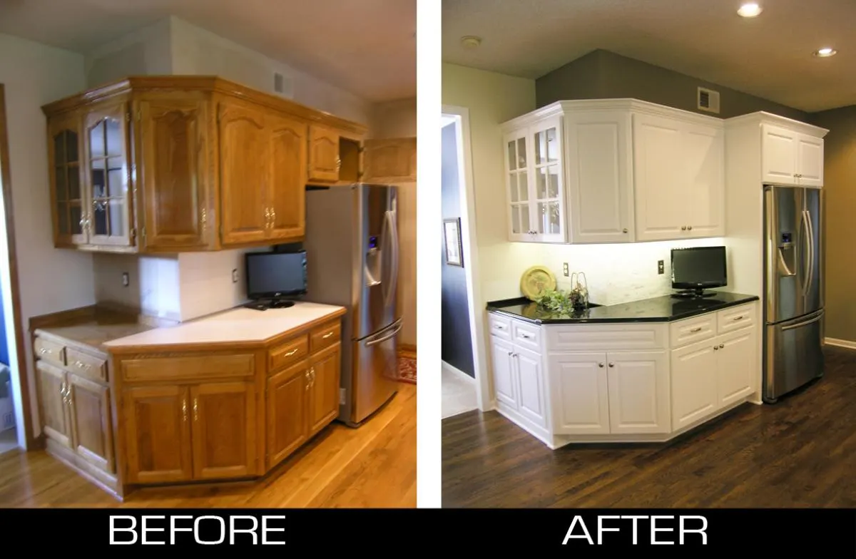 Before and after comparison of wood kitchen cabinets refinished in white