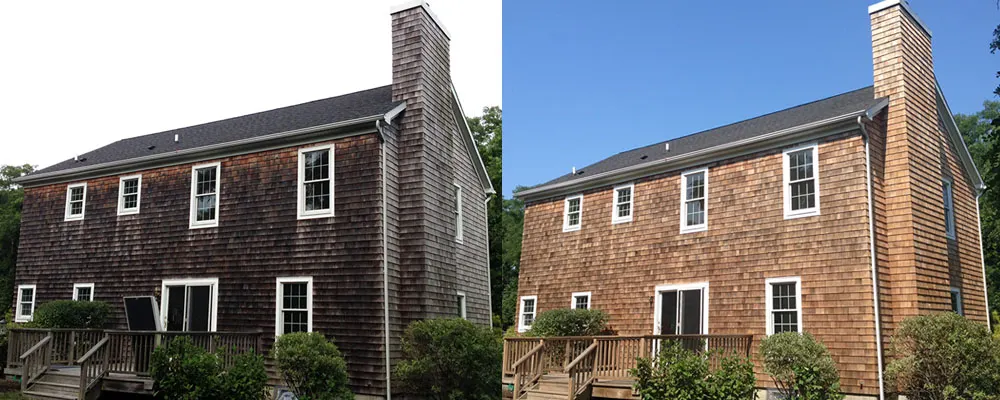 Side-by-side views of a cedar-shingle house before and after exterior care